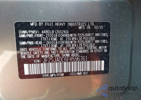 2015 Subaru Forester 2.5I Premium из США, поврежденный, VIN JF2SJADC6FH596761